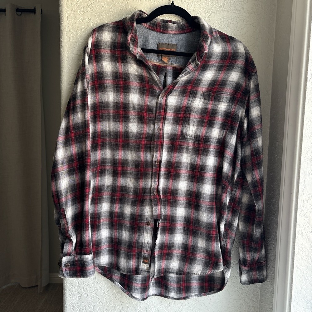 Plaid Men XL Flannel Shirt Red Black Cotton Distressed Grunge Oversized‎ Alt